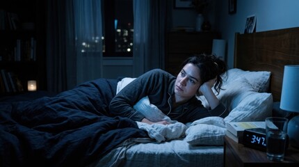 Fototapeta premium A woman lying in bed with an alarm clock on the bedside table.