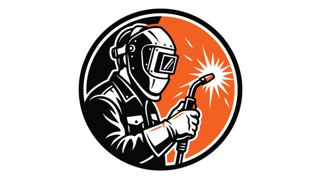 Welder wearing safety helmet holding torch creating bright sparks in circular retro monochrome vector illustration art
