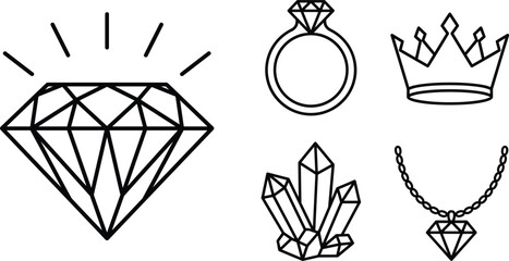 Fototapeta premium Luxury diamond gem and royal crown line icons set with wedding ring crystal necklace isolated on white background