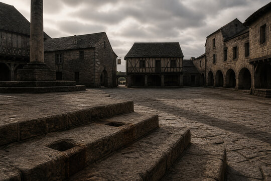 Empty ancient market square with stone steps showing indentations where a pillory once stood.