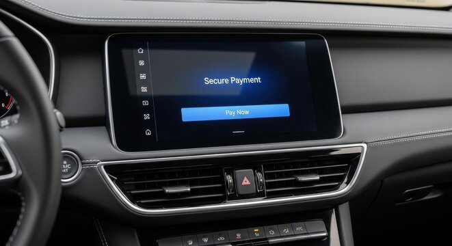 Modern high-tech car infotainment screen displaying a digital secure payment interface with a blue Pay Now button, set within a premium black leather dashboard with elegant stitching, captured in soft