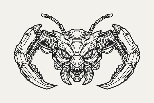 Symmetrical robotic insect head with mechanical mandibles in black and white line art