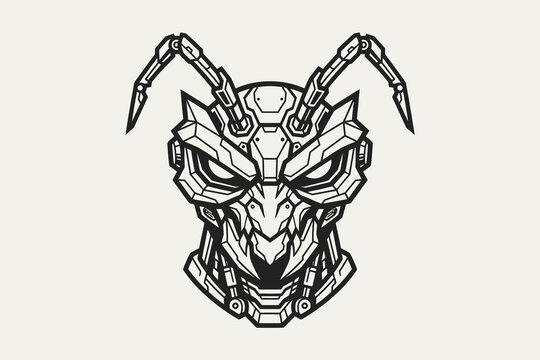 Symmetrical Mechanical Insect Head Line Art Illustration for Mascot Logo