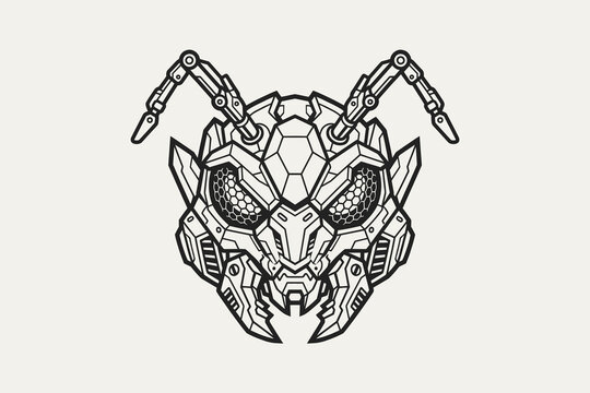 Futuristic robotic ant head mechanical insect line art vector illustration with cybernetic armor