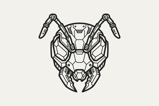 Robotic ant head mechanical insect illustration black and white line art vector