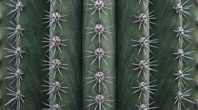 Macro Close-up of Symmetrical Cactus Spines and Ribs Pattern