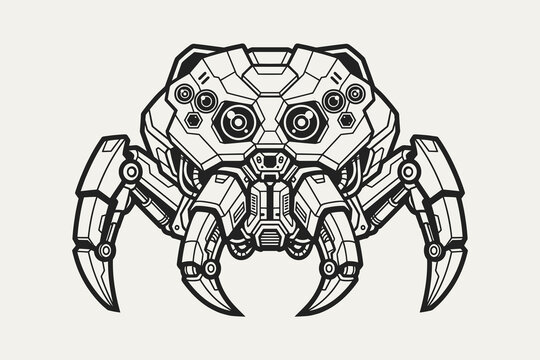 Symmetrical robotic spider line art with mechanical legs and multiple eyes on white background