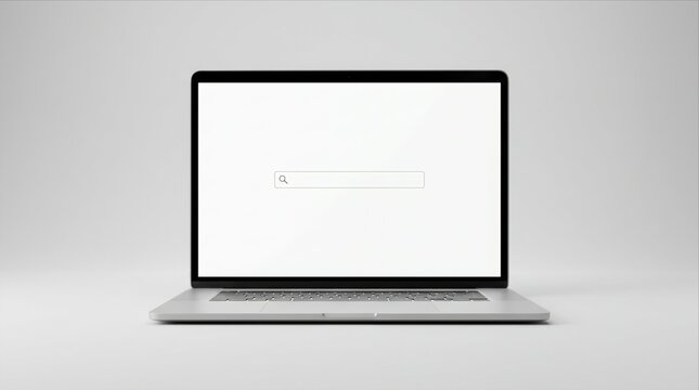 Laptop computer with blank search bar interface on screen for web browsing or data research.