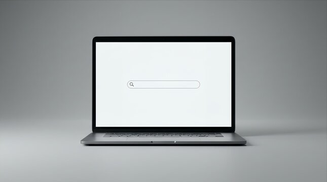 Laptop screen with minimalist search bar interface for web browsing and digital research