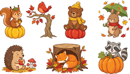 Obraz premium Cute autumn forest animals set featuring fox bear squirrel hedgehog rabbit raccoon and bird with leaves and pumpkin