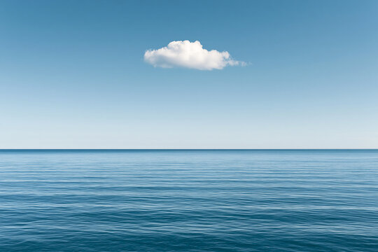 Single White Cloud Floating Over Calm Blue Ocean Horizon Minimalist Seascape