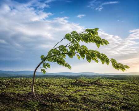 Young sapling bent by strong wind after storm, against clearing sky, resilient and hopeful mood.
