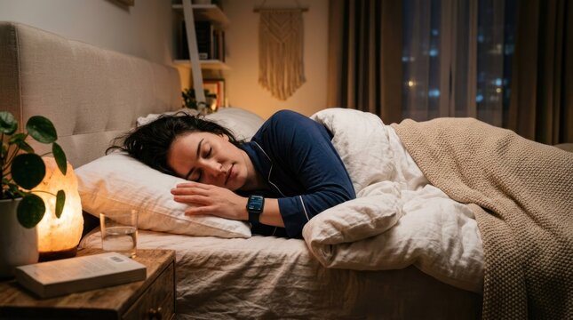 A woman sleeping in a cozy bedroom with a warm lamp and a plant on the bedside table.