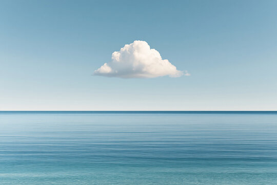 Single White Cloud Floating Over Calm Blue Ocean Horizon Minimalist Seascape