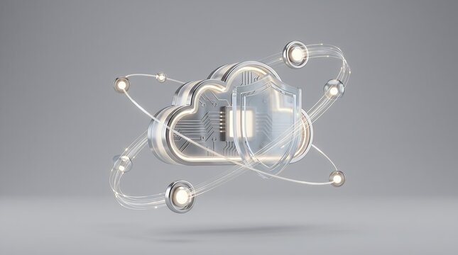 Digital cloud computing icon with circuit board patterns and orbiting data nodes.