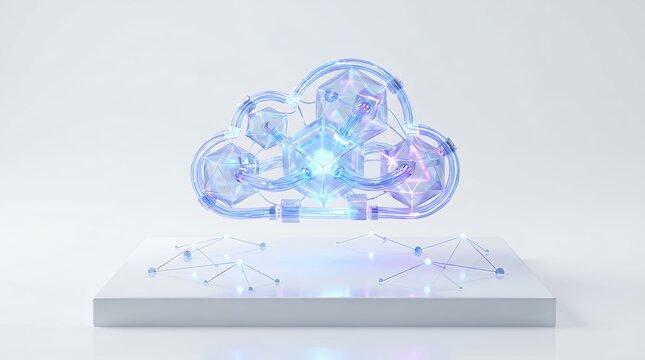 Digital cloud computing icon with glowing gears representing data security and technology.