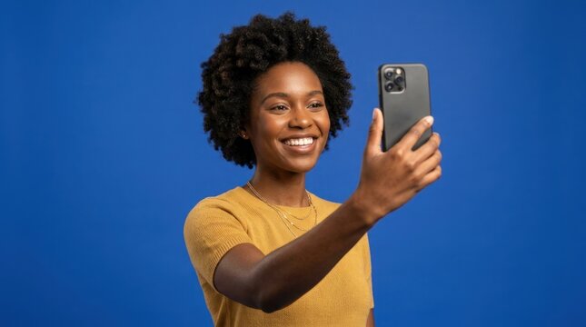A young woman with curly hair taking a selfie with an iPhone 12 Pro Max in front of a blue background.