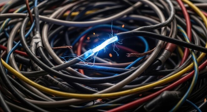 Intense high-voltage broken black copper wire emitting a powerful glowing blue electric spark and lightning arc, surrounded by a chaotic tangled pile of multi-colored cables in a dark moody