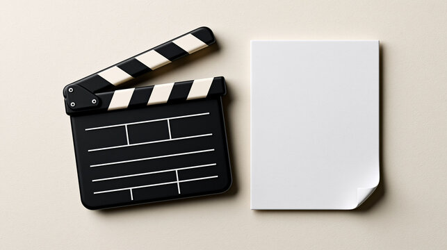 Black clapperboard and blank white document on neutral background create clean setting for film planning and creative production