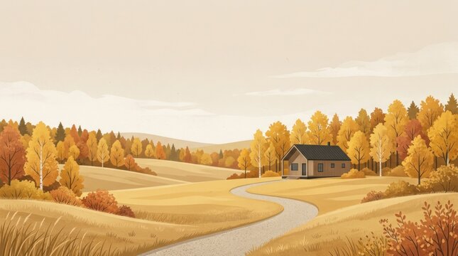 A serene autumn landscape with a house, trees, and a winding road.