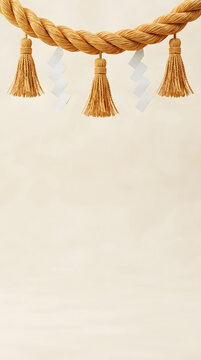 Traditional Shimenawa Straw Rope Decoration with Paper Zigzag Shide on Textured Background