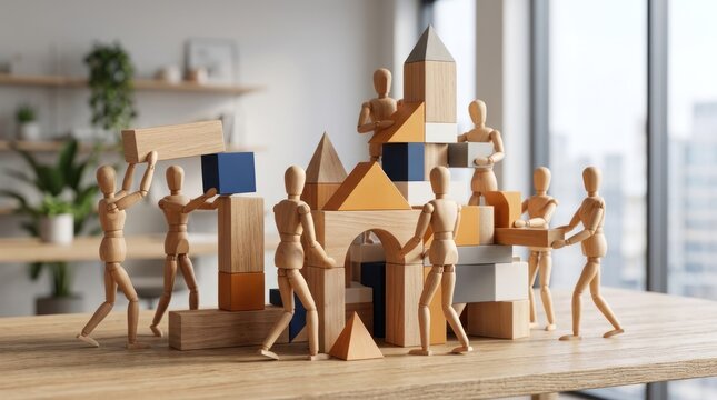 A group of wooden mannequins building a tower of blocks in a room with shelves and a window.