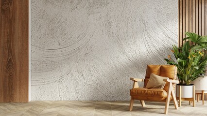 Fototapeta premium Minimalist modern empty room interior design with brown leather armchair and tropical green plant against textured white wall and wooden panel background- 3D rendering