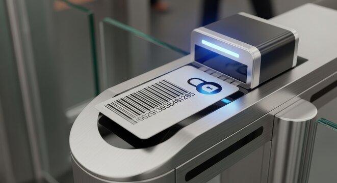Sleek high-tech automatic turnstile barcode scanner gate with a white access card featuring a padlock icon being scanned under a glowing blue LED sensor light, rendered in brushed metallic stainless
