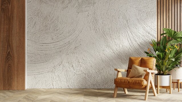 Minimalist modern empty room interior design with brown leather armchair and tropical green plant against textured white wall and wooden panel background- 3D rendering