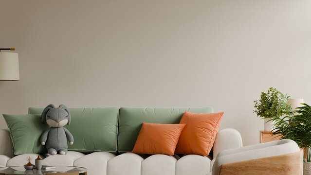 Cozy living room interior with modern beige sofa, green and orange pillows, cute rabbit plush toy, and potted plants against blank copy space wall- 3D rendering