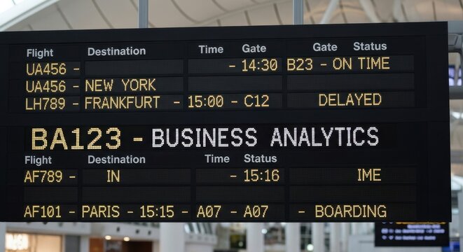 Modern digital conceptual airport departure board with glowing yellow LED letters displaying flight destinations and a metaphorical 'BUSINESS ANALYTICS' track, suspended in a bright terminal interior