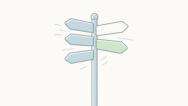 Cartoon-style signpost with directional arrows pointing left and right, blue, green, white signs