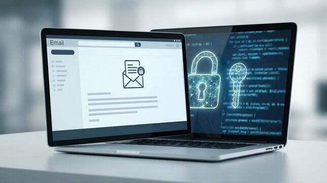 Email security concept on laptop screen with digital padlock and encryption key icons.