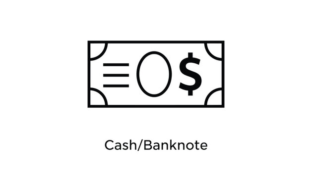 Flat black line icon of a dollar cash banknote with a zero value and cash banknote text printed underneath.