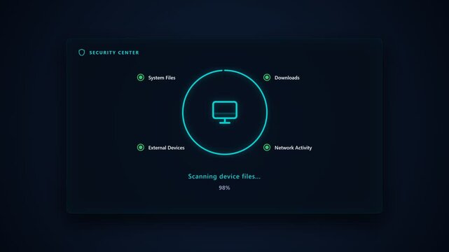 Digital firewall scanning system showing device protection complete. 4K Video