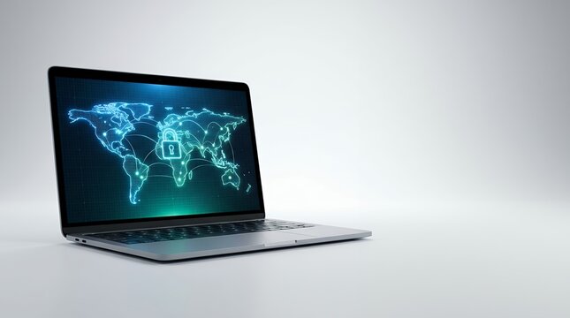 Laptop displaying glowing digital world map for global business and network technology concepts