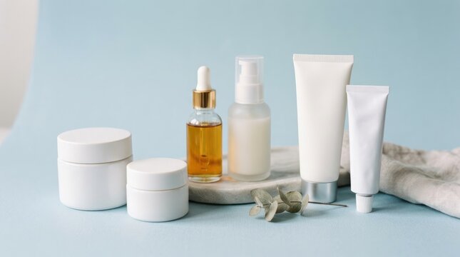 A collection of skincare products on a light blue background.