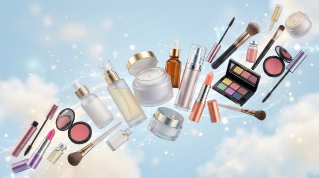 A collection of various makeup products and accessories against a blue sky with white clouds.