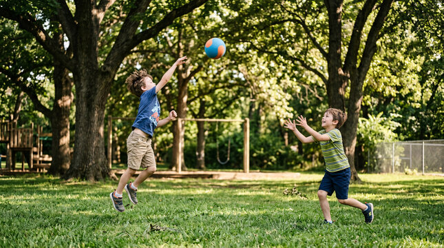 Two young boys joyfully play catch with a colorful ball in a sun-dappled park, surrounded by lush green trees and soft grass.