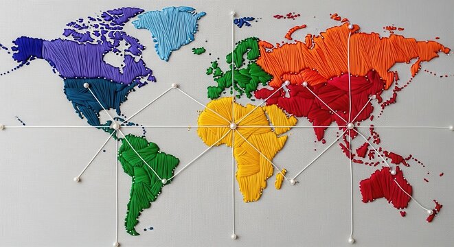 Vibrant rainbow-colored tactile world map representation made of textured embroidery thread art and string art connected with white push pins and network lines, set against a light gray canvas
