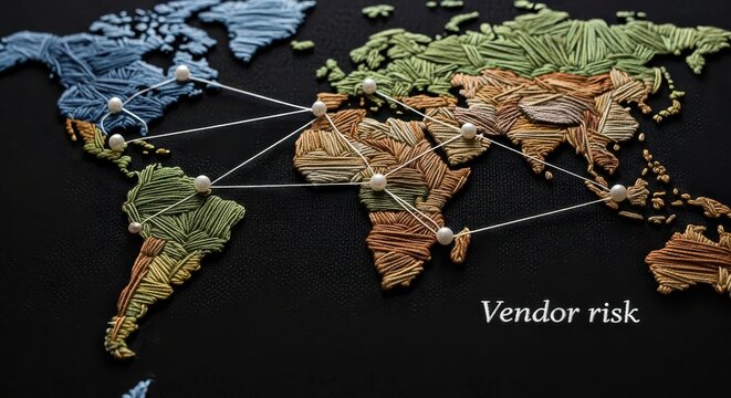 Elegant handcrafted world map embroidered with colorful threads on a textured black canvas fabric background, featuring white pins connected by thin string to represent a global supply chain network