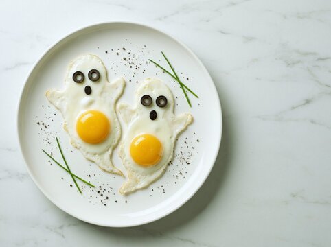 Two fried eggs shaped like ghosts on a white plate for Halloween