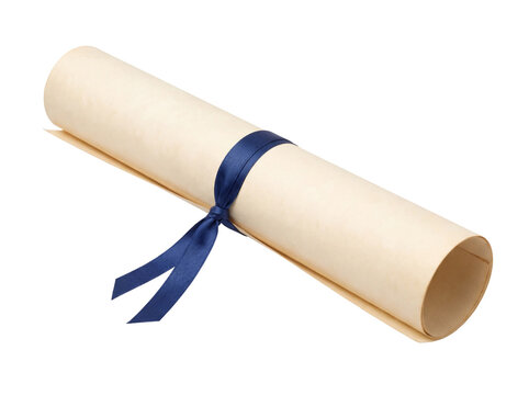 Old parchment paper scroll tied with a blue ribbon isolated on transparent background