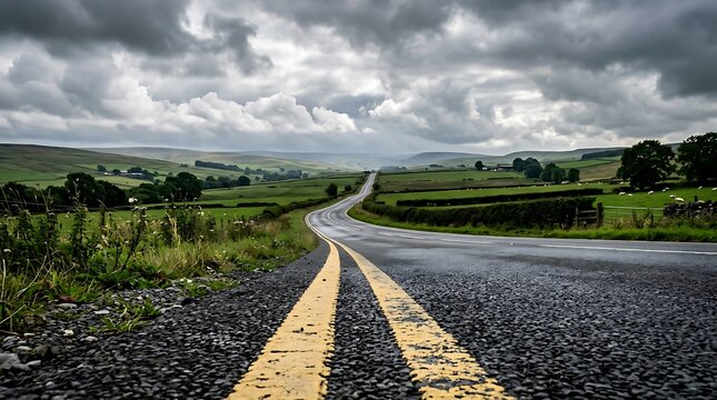 Long Winding Asphalt Road with Double Yellow Lines Through Green Rolling Hills Under a Dramatic Sky