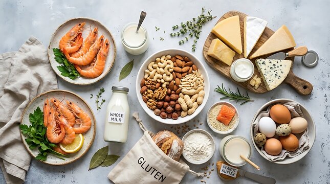 Comprehensive collection of common food allergens including dairy, nuts, shellfish, eggs, and gluten.