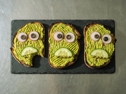 Spooky monster face avocado toast with radish eyes for Halloween
