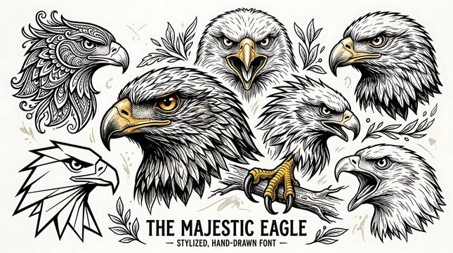 Collection of Stylized Majestic Eagle Head Illustrations in Various Artistic Hand Drawn Vector Styles