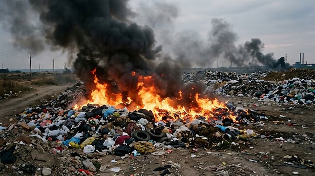 Massive pile of domestic and plastic waste burning at a landfill causing heavy toxic air pollution
