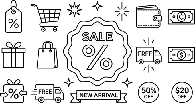 Minimalist retail shopping sale line icon bundle featuring commercial discount badges delivery trucks wallet and gift box symbols,