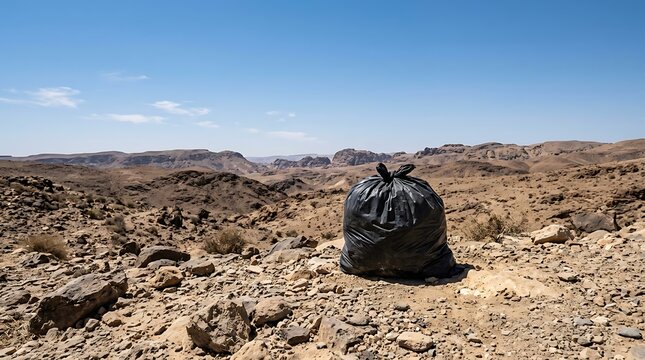 Black Plastic Garbage Bag Abandoned in a Rocky Desert Landscape Representing Environmental Pollution